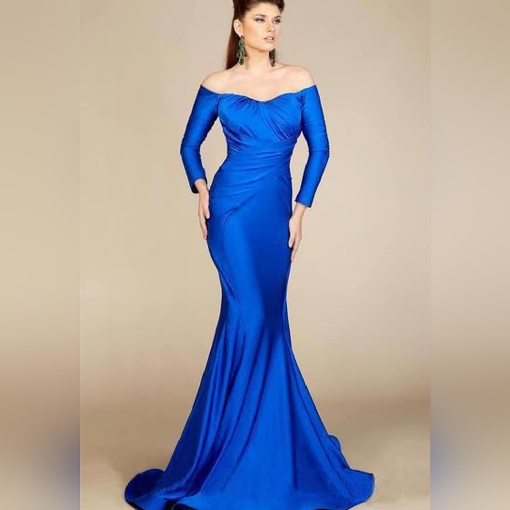 MNM Couture Evening Dress Long Sleeves Off-shoulder Royal Blue Size S NWT